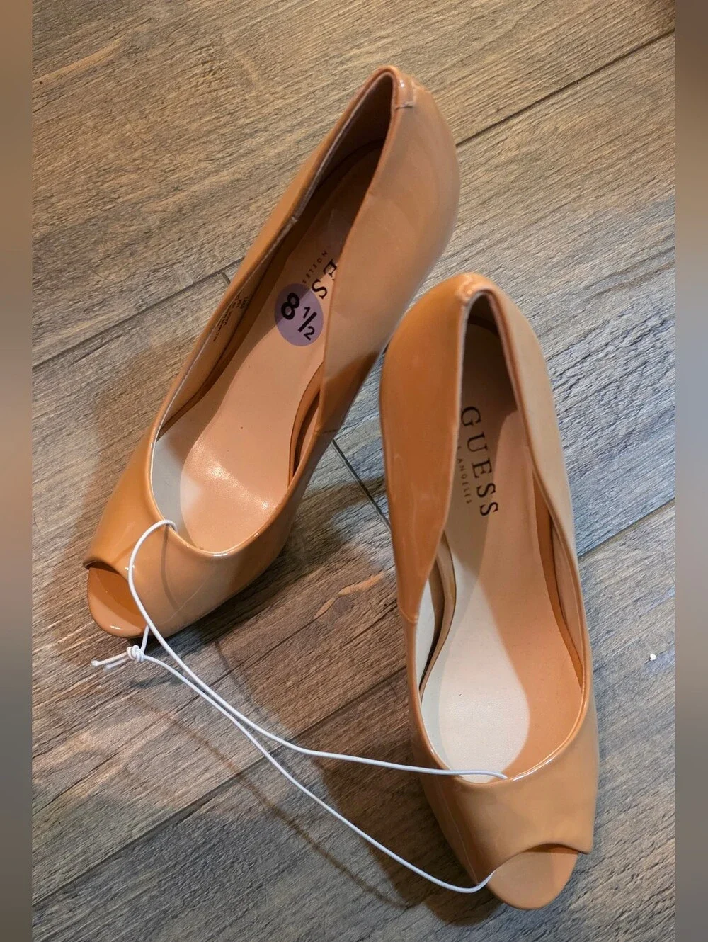 GUESS Peep-Toe Patent Heels in Nude Tan